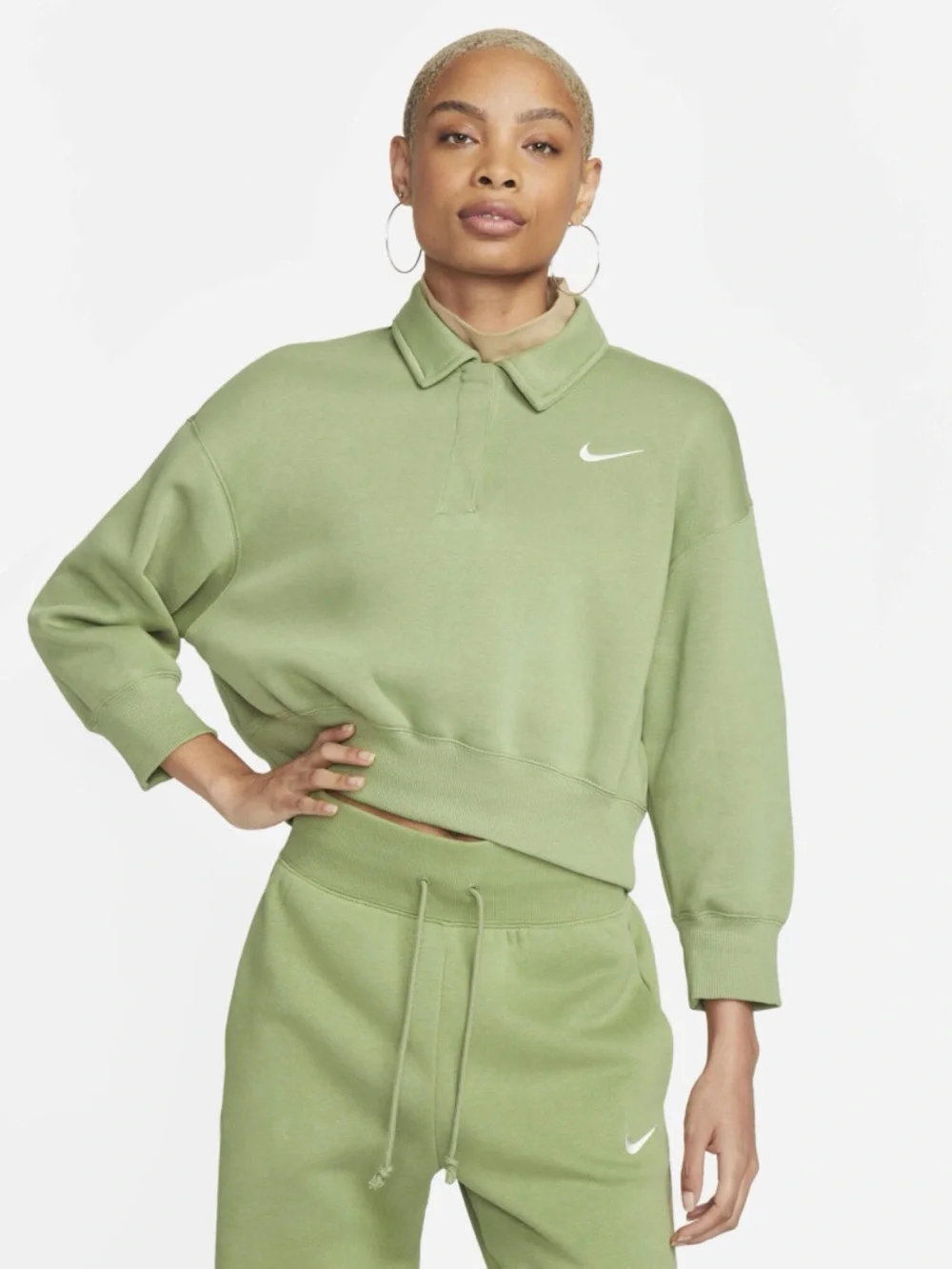 Nike Sportswear Phoenix Fleece Crop Polo Sweatshirt Women's Medium Sage Green